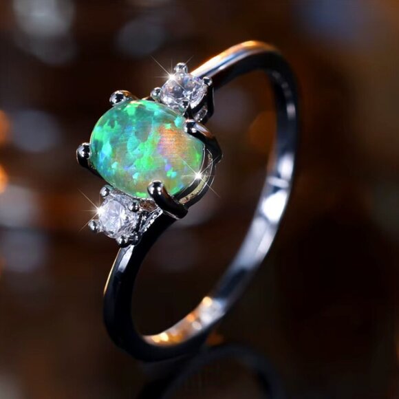 NEW 18k White Gold Green Fire Opal Diamond Ring Band - Picture 5 of 11